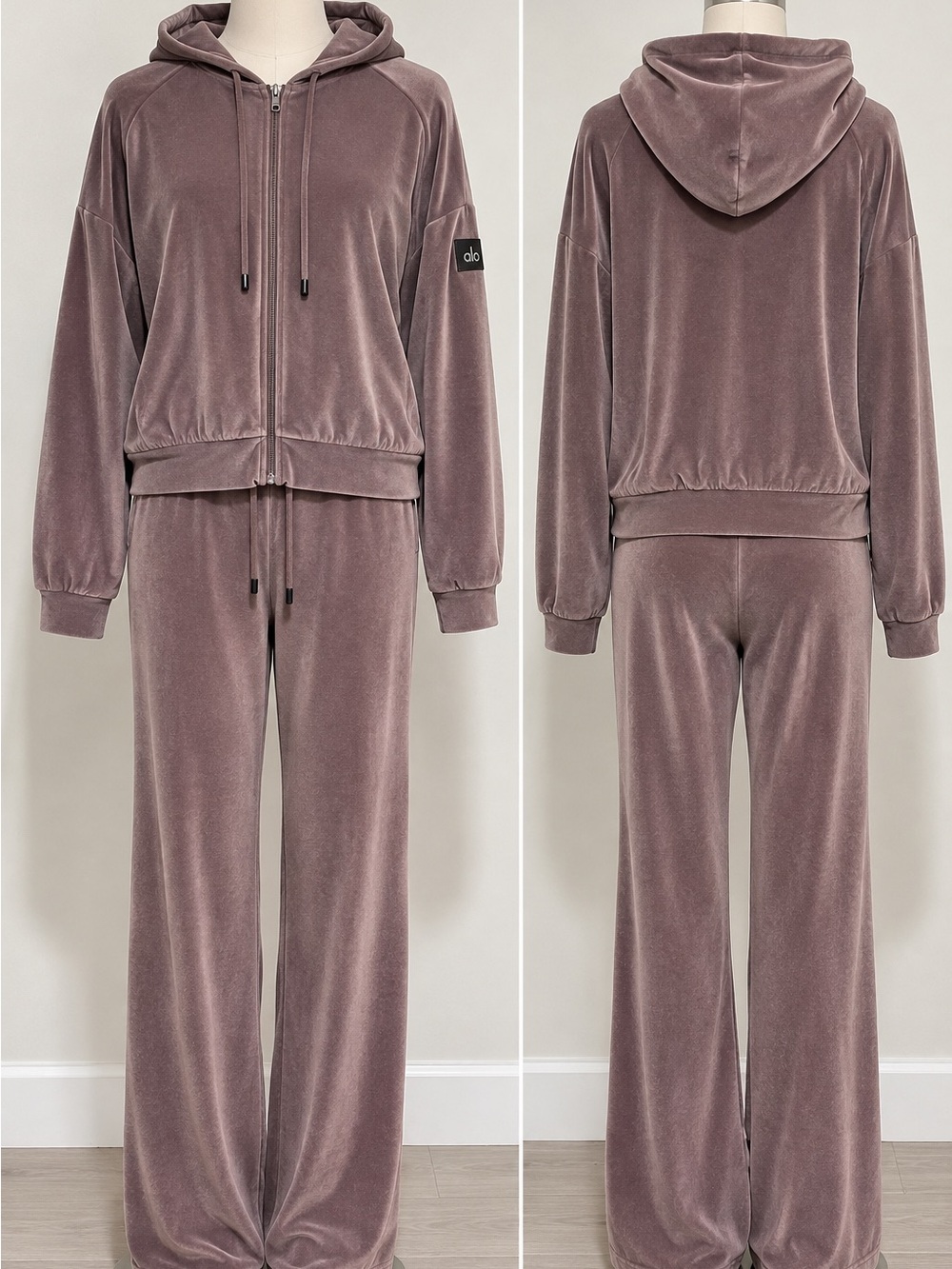 ALO Yoga Velour Hoodie Wide-Leg Pants Set - Mauve Sz medium